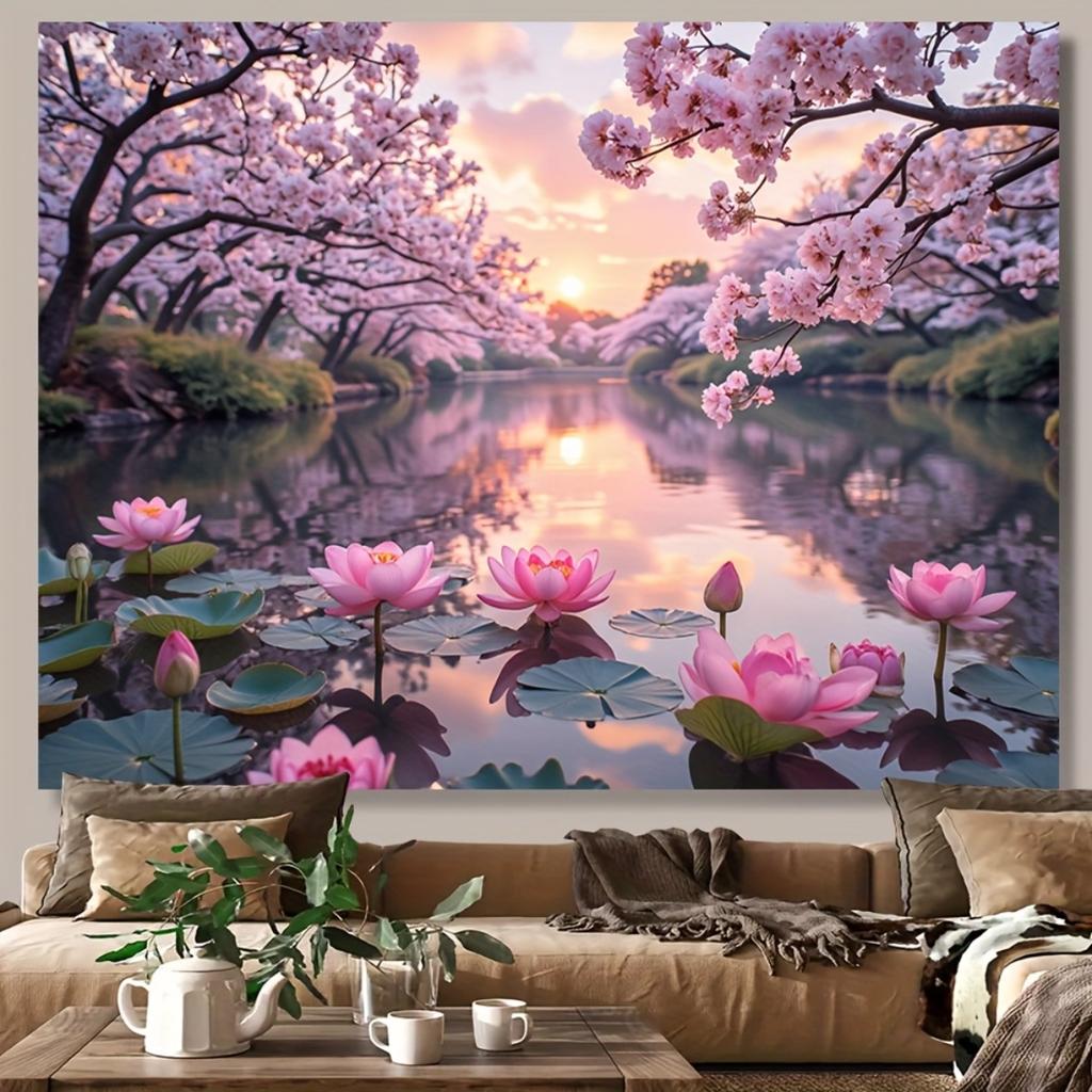 Kirschblüten-Lotusteich Wandteppich Polyester Wandbehang Zen Dekor Wohnzimmer Heimdekoration ästhetisch 180x320cm71x126in