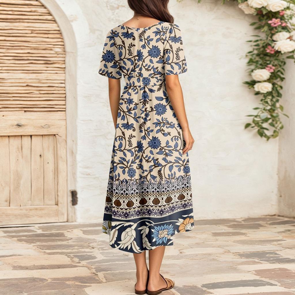 Women's Summer Loose V Neck Short Sleeve Dress, Elegant Dress