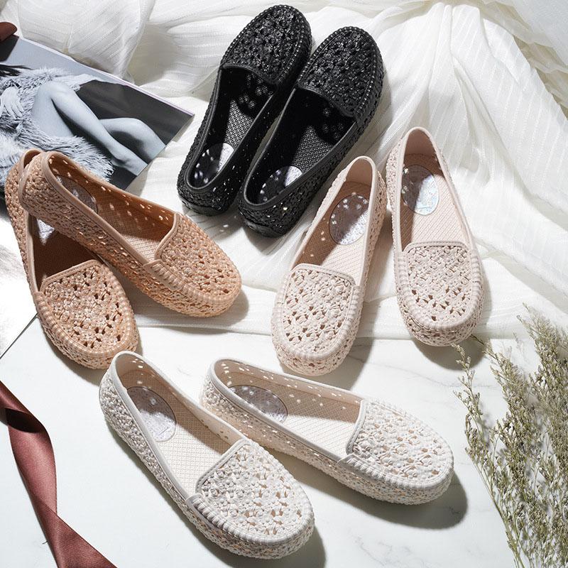 Fashion Flats Shoes Women Hollow Out Slip On Casual Nurse Shoes Summer Loafers PVC Female Sandals Shallow Beach Breathable Zapatos