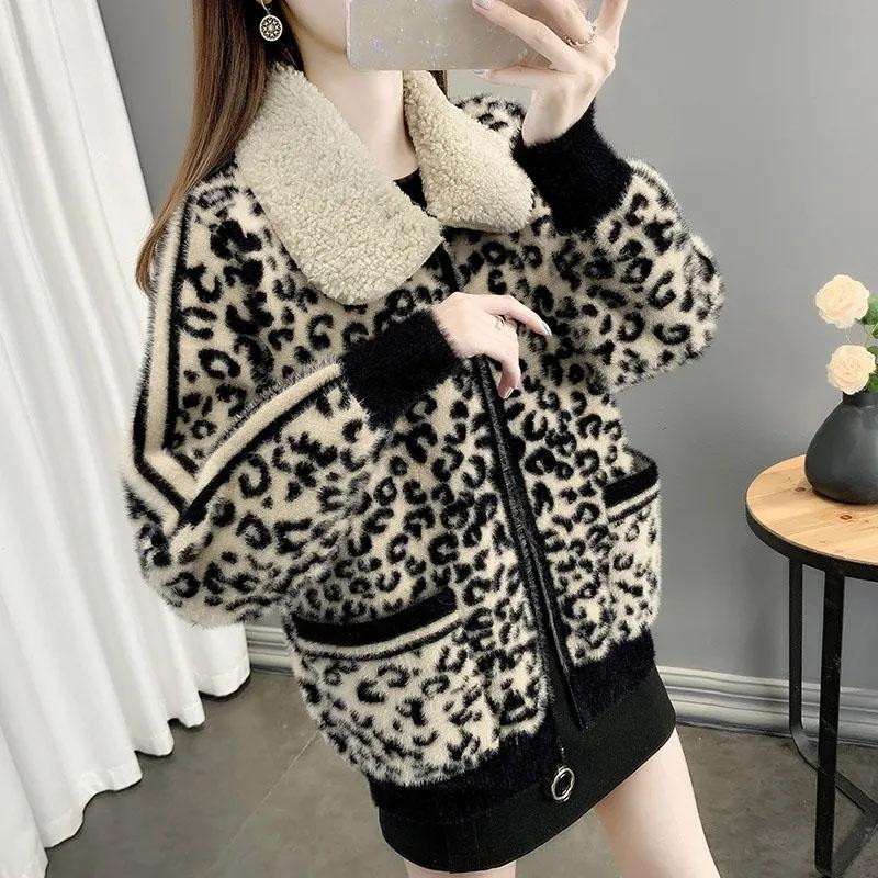 Palton Leopard pentru Femei Bumbac Pluș Toamnă Iarnă Hanorac Gros Fleece Oversize Casual cu Fermoar cu Glugă Jachetă