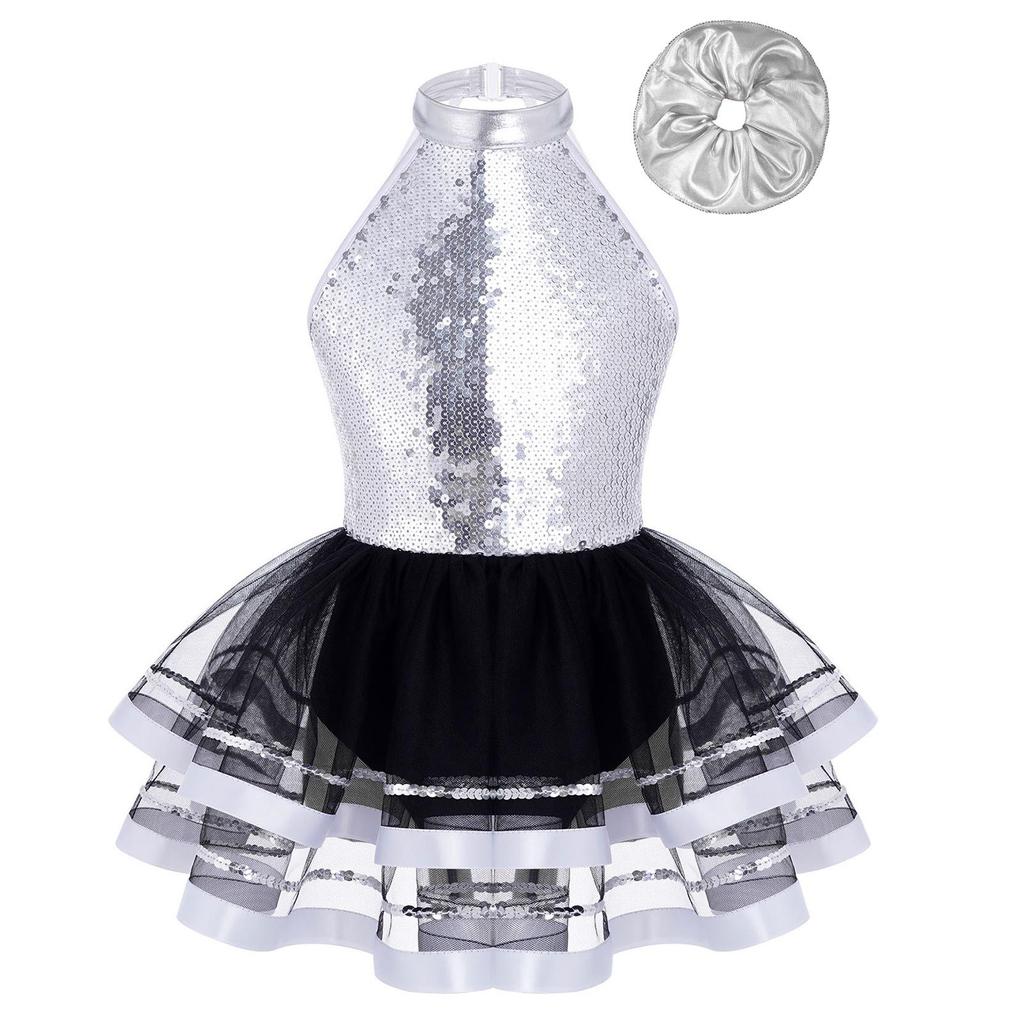 Girls Dance Performance Dress Halter Sleeveless Backless Design Sparkling Sequins Decorated Tutu Costume