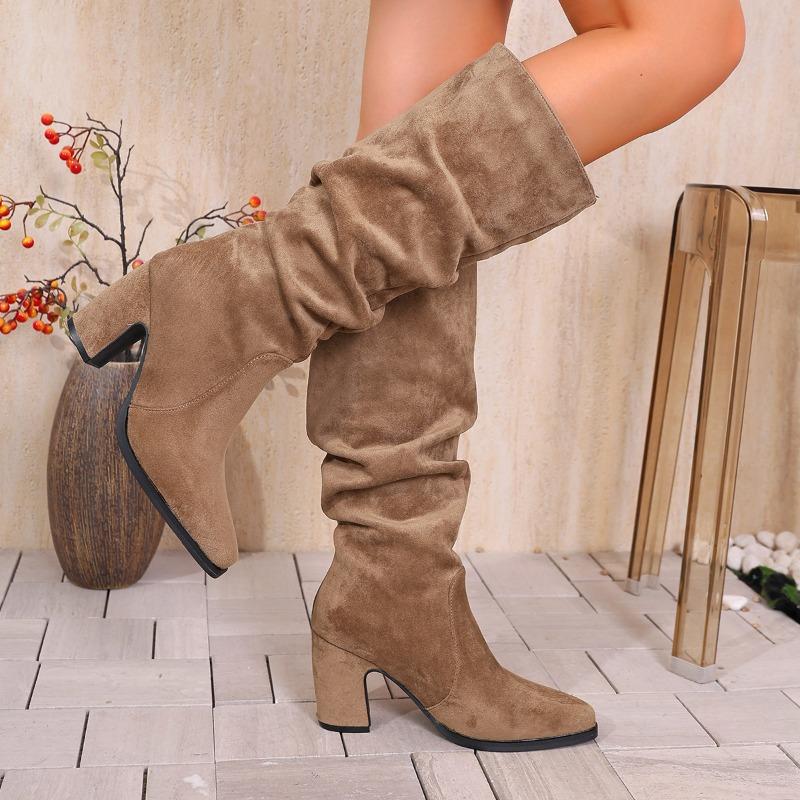 Pleated Pointed High-heeled Fashion Boots Women's 2025 Winter New Thick-heeled Plus-size High Boots