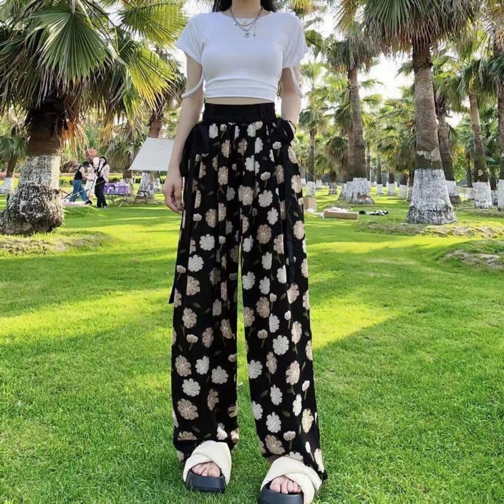 

Женские летние шифоновые брюки прямого кроя с высокой талией, тонкие, с цветочным принтом, новый стиль S