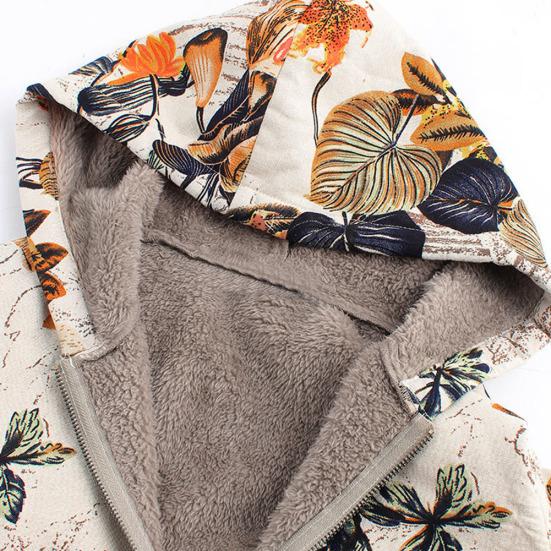 Winter Fashion Floral Leaf Print Fleece Lining Women Long Sleeve Hooded Coat