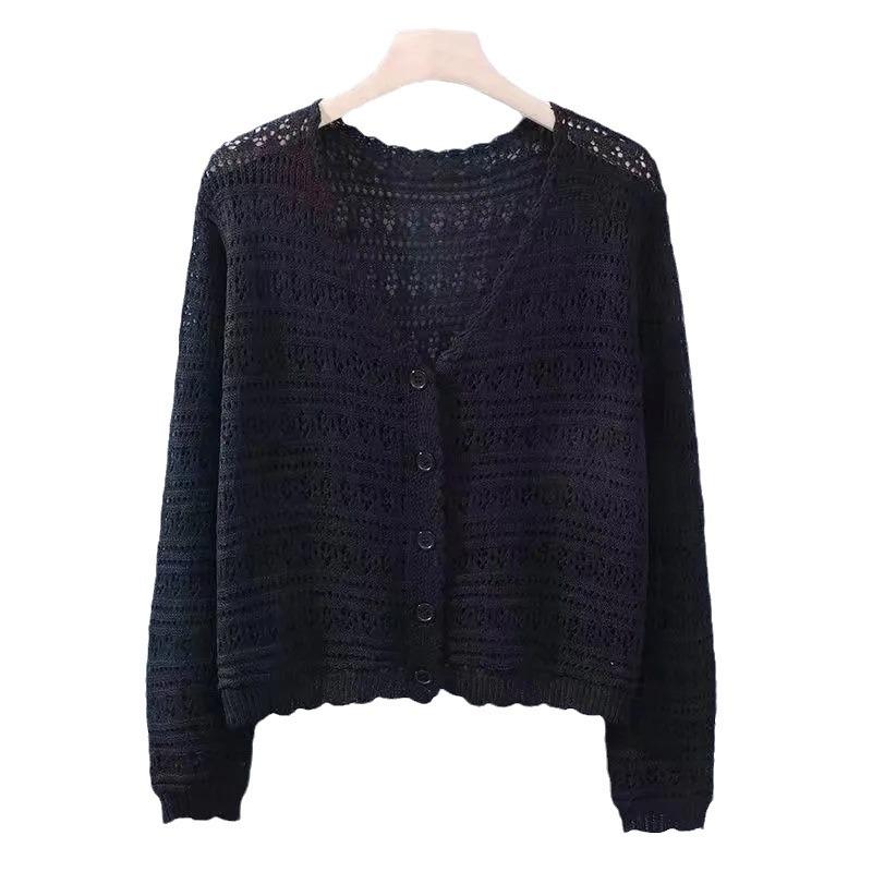 2025 women's summer hollow air-conditioning shirt, fresh candy color v-neck knitted cardigan, light and breathable long-sleeved sunscreen shirt