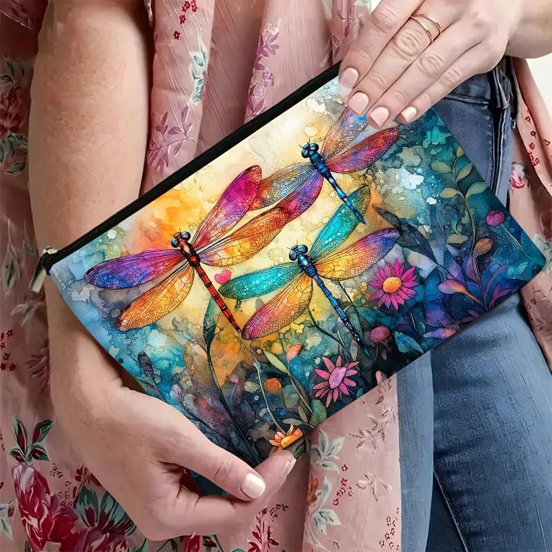 1pc Colorful Dragonfly Makeup Bag Hypoallergenic Cosmetic Pouch with Floral Insect Design Travel Organizer Bag for Women