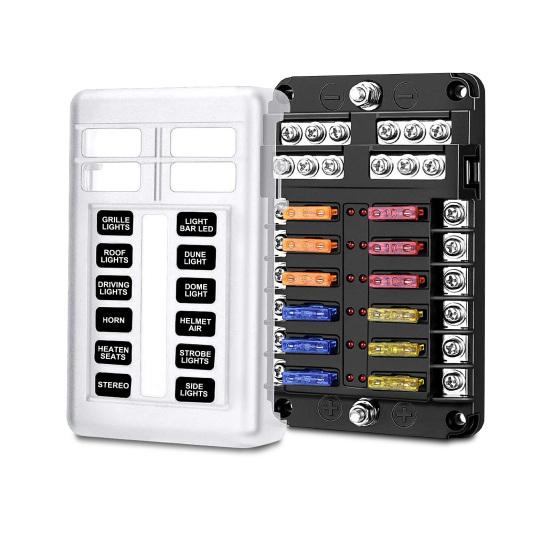 12-Way Fuse Box 12 Circuits Negative Bus Fuse Block Holder With LED Indicator