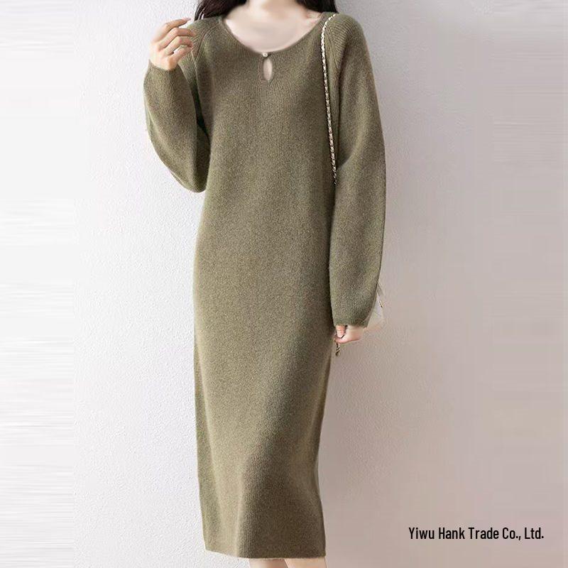 Solid Color Knitted Sweater Dress - Round Neck, Mid-Length, Loose Fit, Slimming, Fashionable for Spring and Autumn