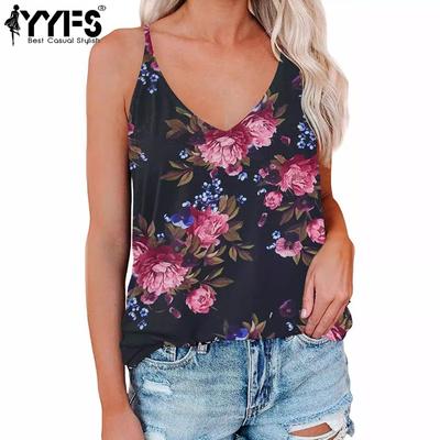 Women's Fashion Casual Summer Spring Flower Pattern Print Sleeveless V-Neck Blouses & Shirts
