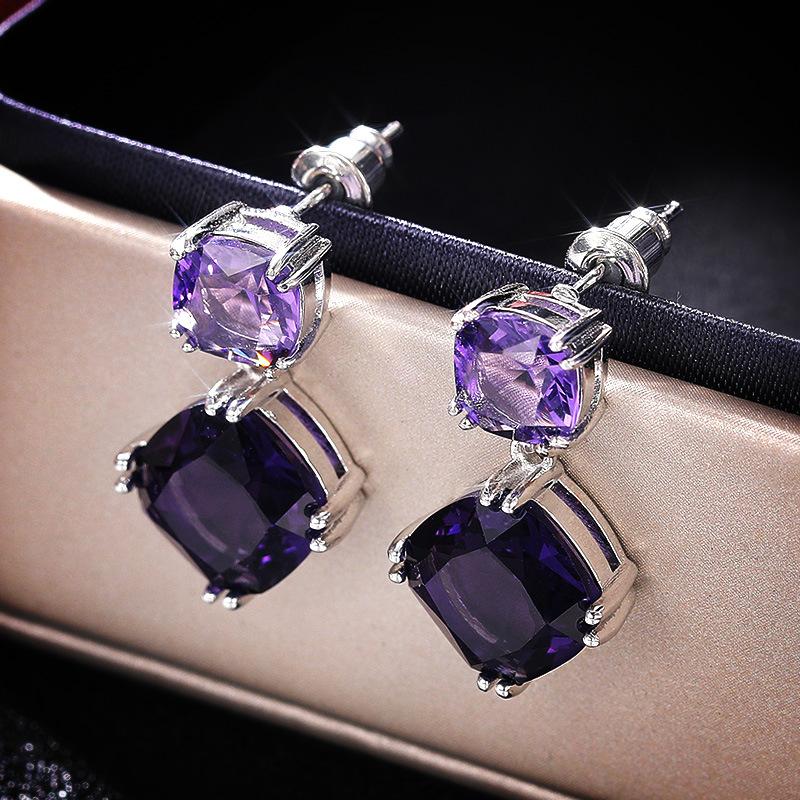 Ladies' Artificial Purple Crystal Pillow Shaped Earrings, Double-layer Purple Synthetic Zircon Pendant Design, Elegant and Gorgeous Jewelry Gift
