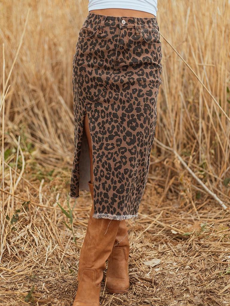 Leopard Print High-Waisted Slit Denim Midi Skirt for Women