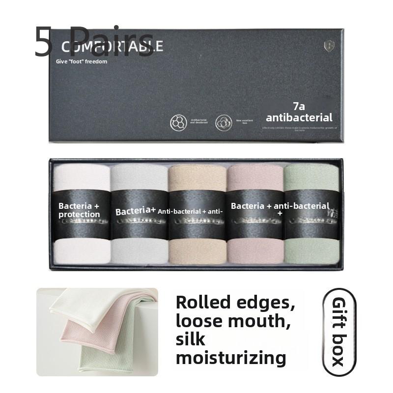 5 Pairs of Female Autumn and Winter Gift Box with Rolled Edge Loose Mouth Boneless Pure Color Simple Tube Pile Socks