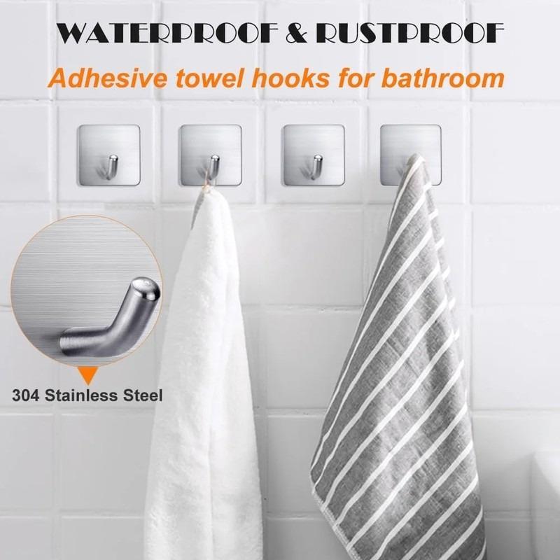 Heavy Duty Stainless Steel Adhesive Towel Hook Hanger Silver Sticky Hooks for Bathroom Kitchen Storage Holder