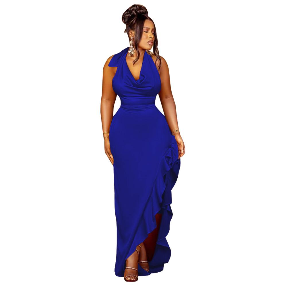 K10440 Women's Cowl Neck Halter Dress Sexy Backless Ruffle Bodycon Party Club Cocktail Gown