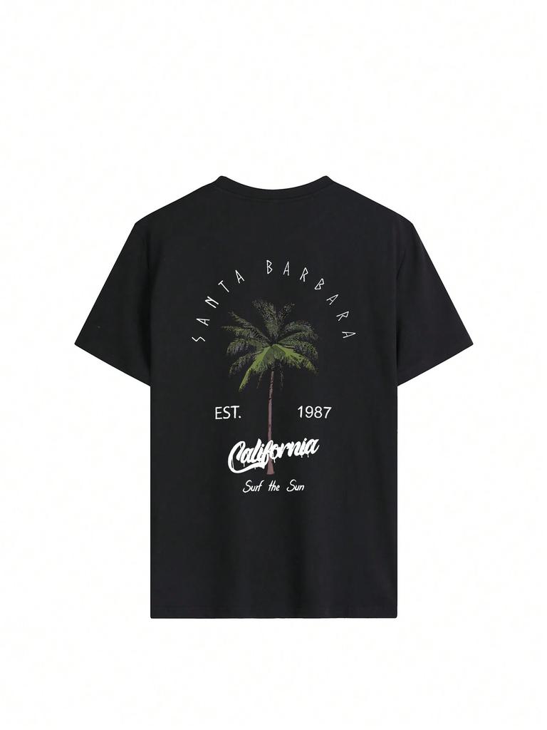 Womens Summer Casual Round Neck Palm Tree  Letter Print Vacation Style Short Sleeve TShirt Top