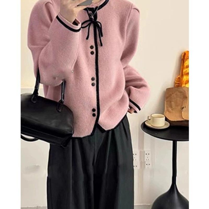 Korean Style Autumn New Sweater Cardigan Women's Loose Slimming Sweater Bow Round Neck Temperament Jacket