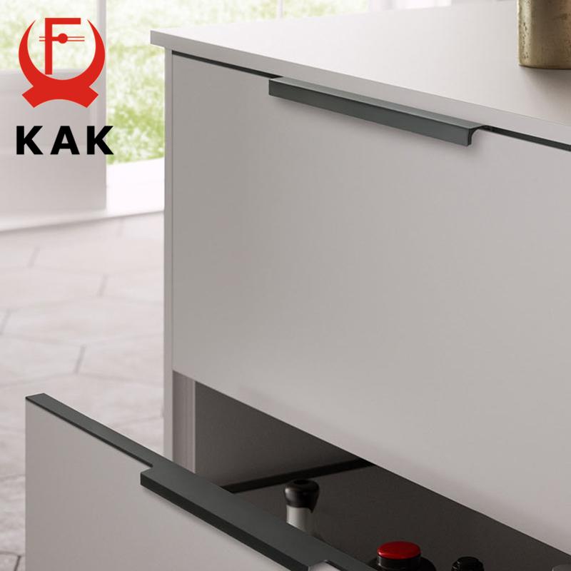 KAK Black Hidden Cabinet Handle Aluminum Alloy Kitchen Cupboard Door Pulls Drawer Knobs Long Handle Furniture Handle Hardware
