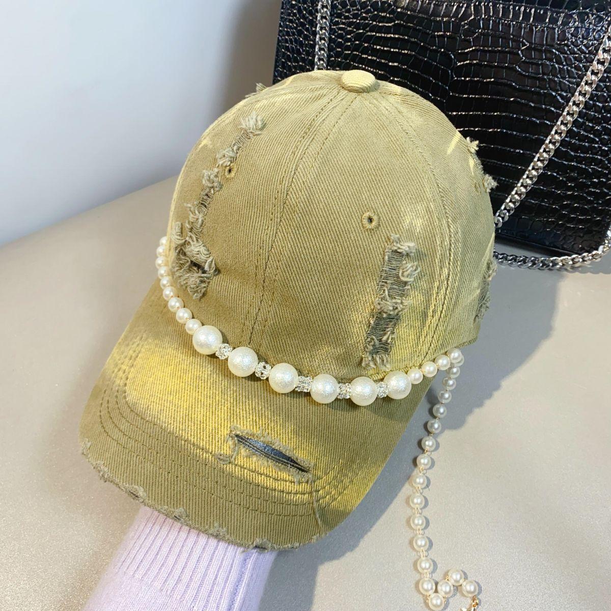 

Ins Chic Design Хлопковая потертая Fabridrill Жемчужная цепочка Элегантная роскошная женская бейсбольная кепка Женская кепка с козырьками для отдыха head size 57cm
