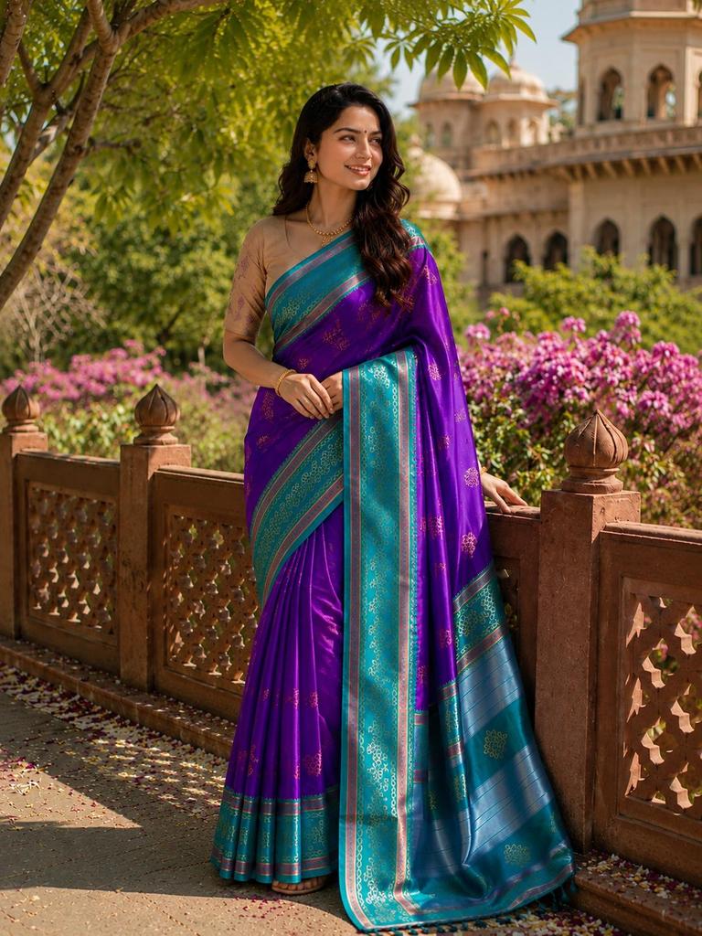 Women's Soft Silk Saree with Kolam Zari Woven Motifs, Silver Temple Pallu, Golden Zari Border & Brocade Blouse