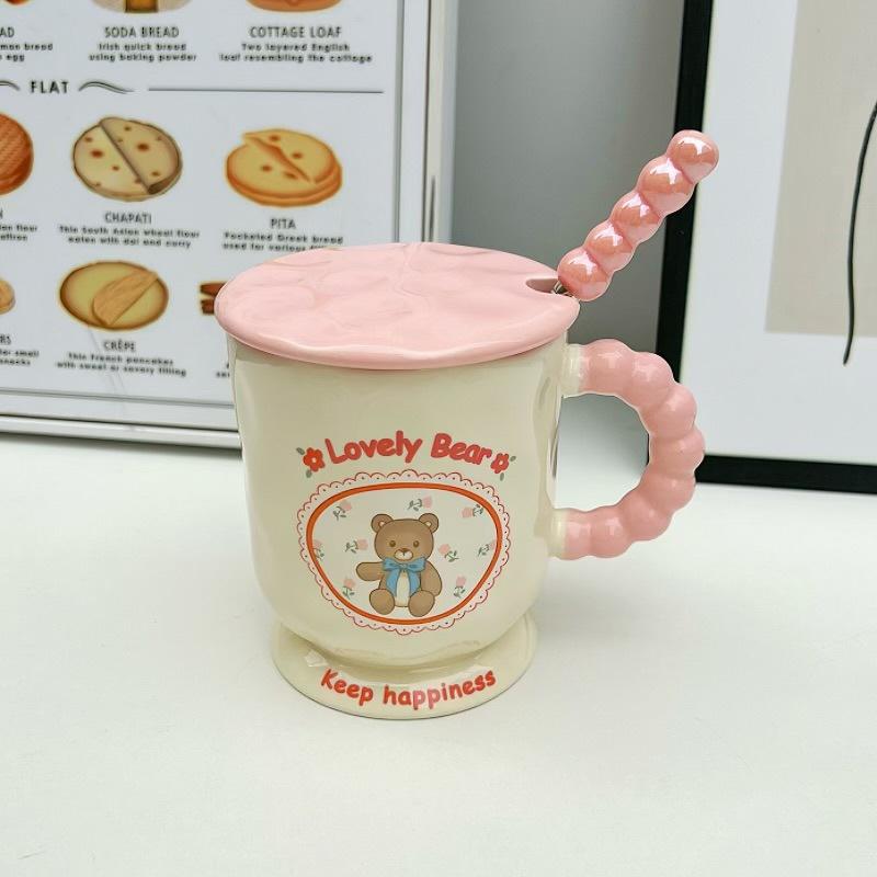 Cute High Value Cartoon Bear Mug with Lid Spoon Ceramic Water Cup for Girls Practical Birthday Gift for Friends