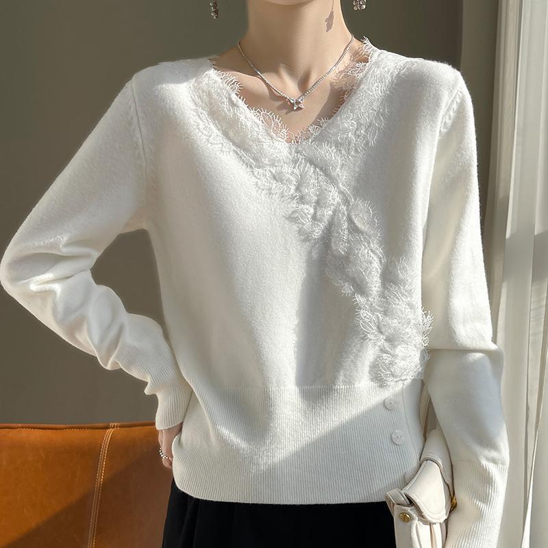 French Chic Lace Base V-Neck Velvet Sweater - Women's Long Sleeve Knitted Top