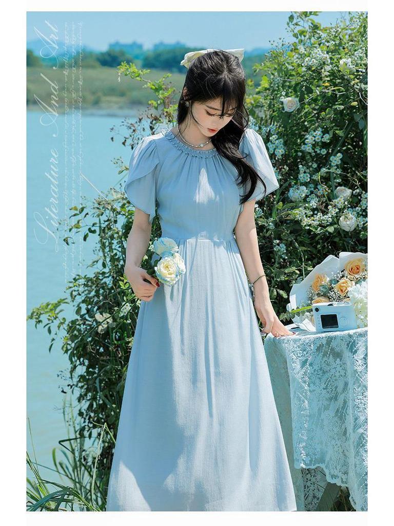 Elegant French Style Long Dress with Petal Sleeves and Belted High Waist