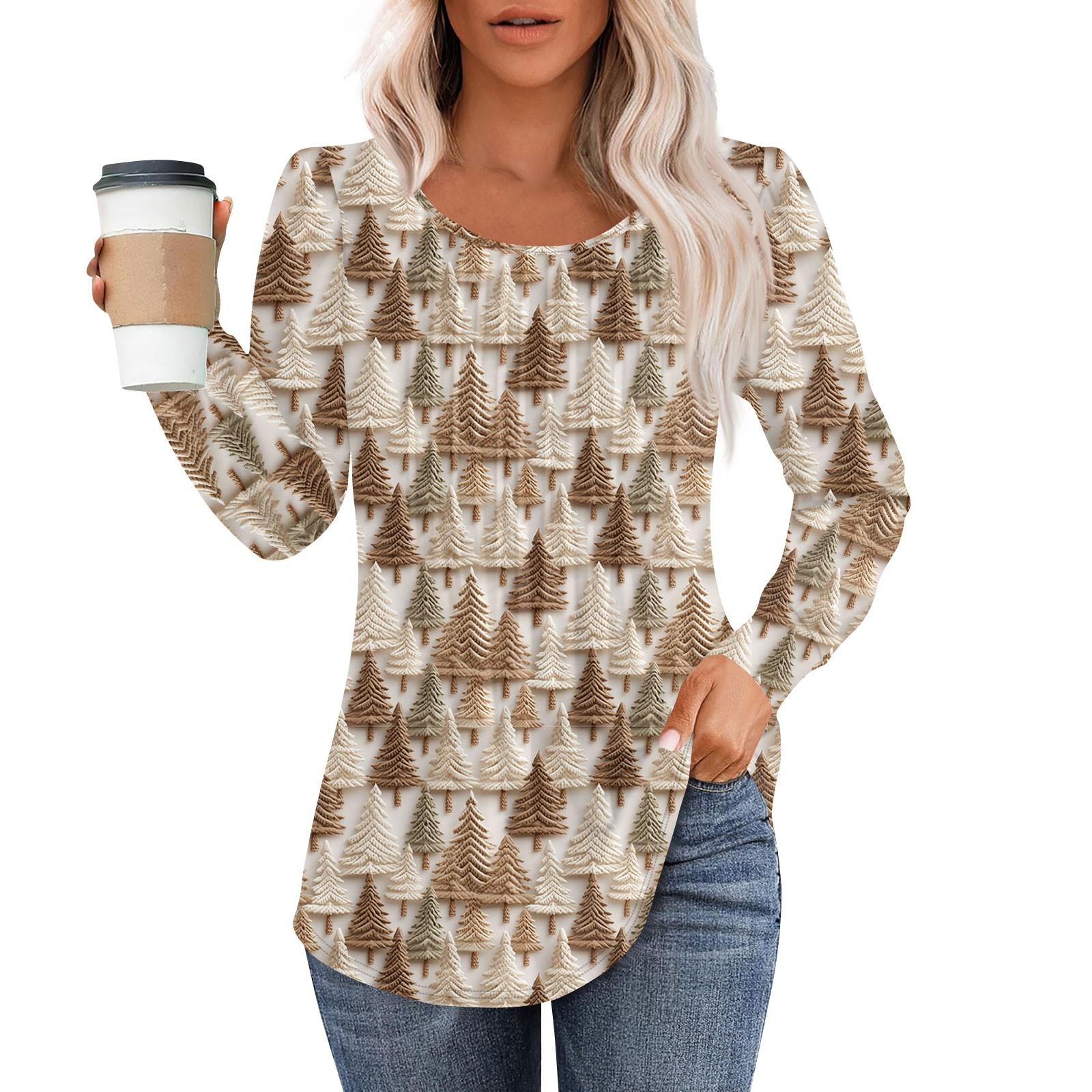 

Женская модная повседневная плиссированная футболка с круглым вырезом и рождественским принтом с длинными рукавами XXXL