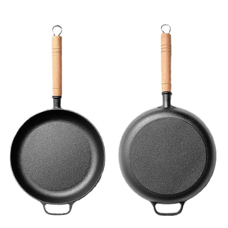 Non-Stick Cast Iron Wok with Wooden Handle - Thick Crepe, Egg, and Meat Frying Pan