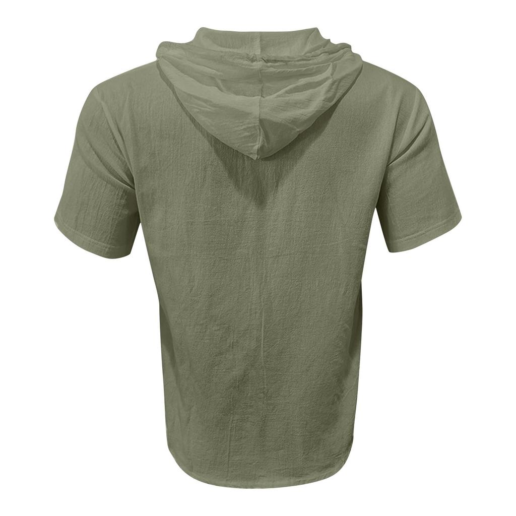 Men's Summer Solid Color Pockets Cotton Linen Short Sleeve Button Hooded