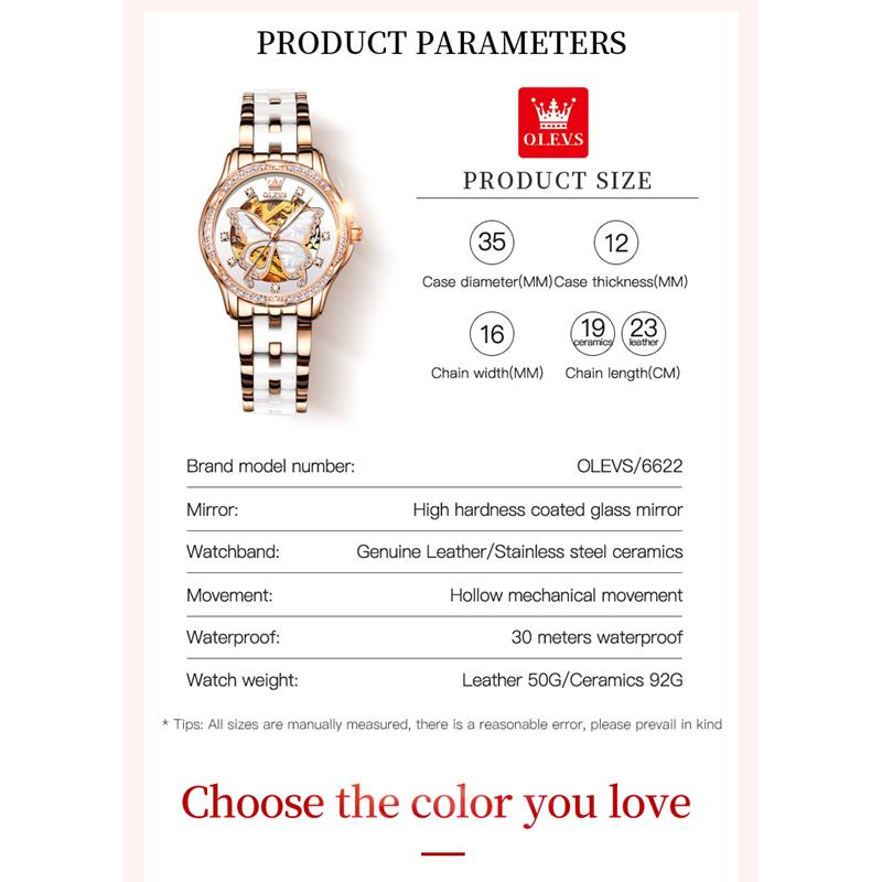 OLEVS 6622 mit Geschenkbox, Lederuhr mit wasserdichter automatischer mechanischer Uhr, Damenuhr