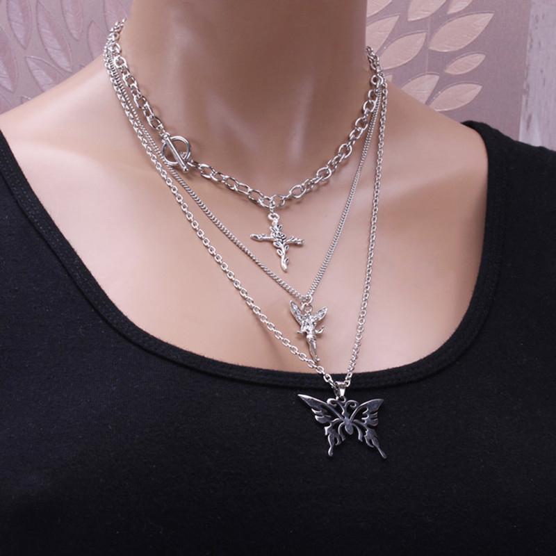 Punk Multi-Layered Chain Necklace Women Silver Butterfly Cross Angel Pendants Hip Hop Grunge Street Jewelry