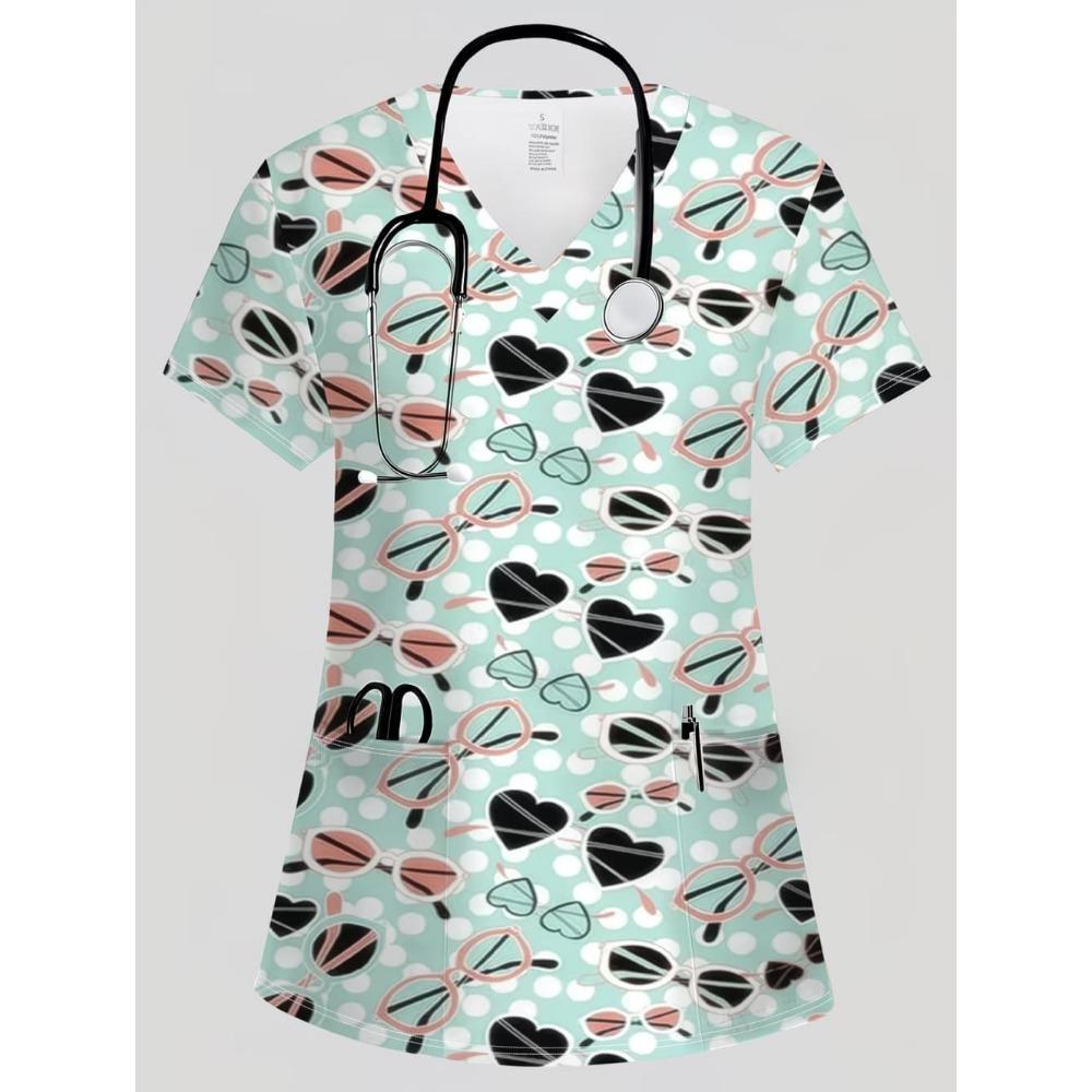 Nursing Uniform Woman Comfortable Dentist Vet V-Neck Short Sleeve Women Scrub Fashion Heart Pattern Print Clinical Uniform Woman