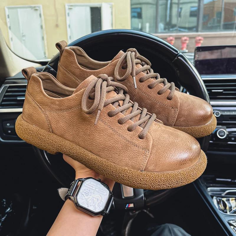 Fashion British Style Flat Designer Driving Shoes Men Minimalist Split Leather Casual Leather Oxford Shoe Comfy Lace-Up Walking Sneakers