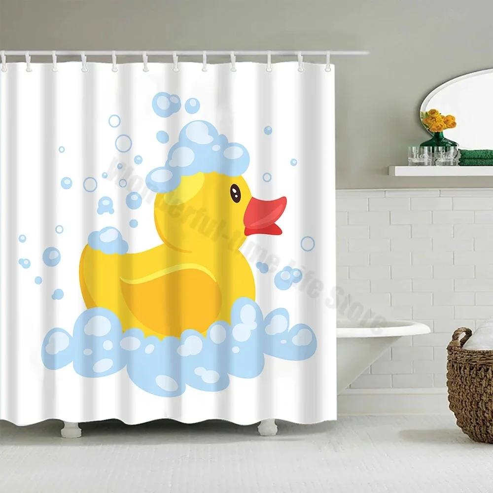 Cute Little Yellow Duck Shower Curtain Cartoon Funny Smiley Face Bathroom Waterproof Bath Duck Fabric 12 Hooks Bathroom Decor