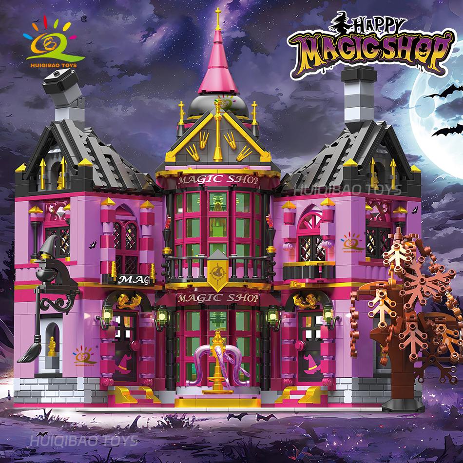 HUIQIBAO Halloween Dom Czarownicy Bar Czarodzieja Sklep Magiczny Mikro Model Klocki do Budowania Miasto DIY Sklep Montaż Klocki Zabawki dla Dzieci