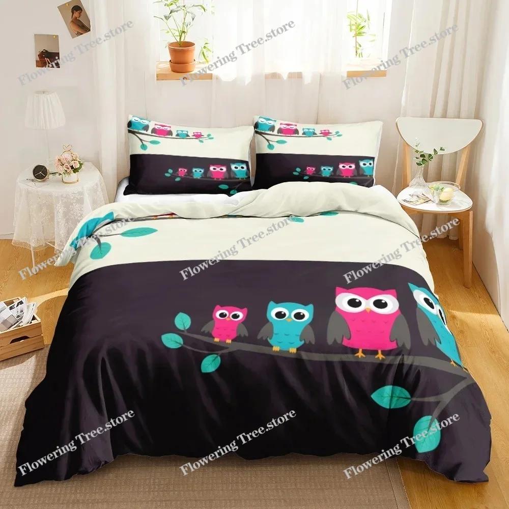 Cartoon Owl Bedding Set 3D Wildlife Print Comforter Cover Bird Animal Duvet Cover King Size Nighthawk Soft Polyester Quilt Cover