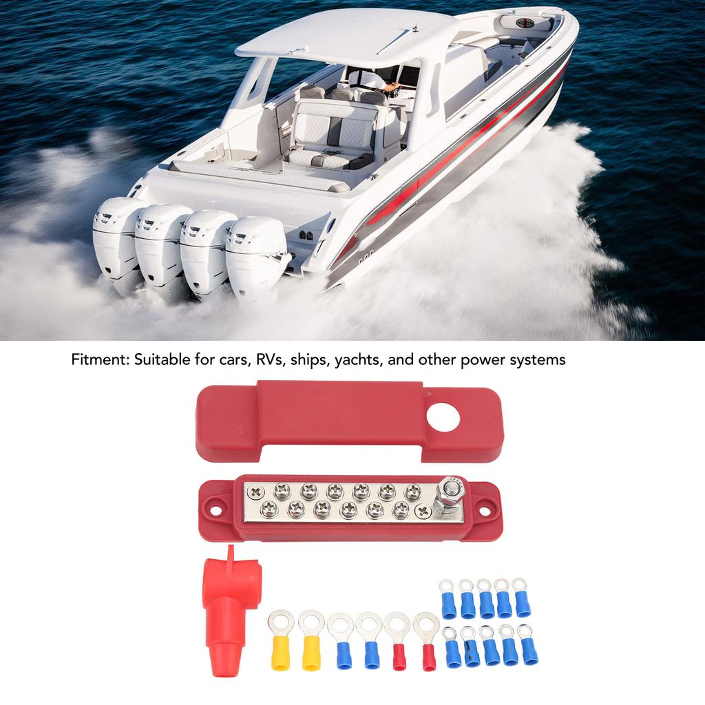 12 Terminal Distribution Block 180A Marine Supply Busbar with 16 Ring Terminal for Cars RVs Yachts Red