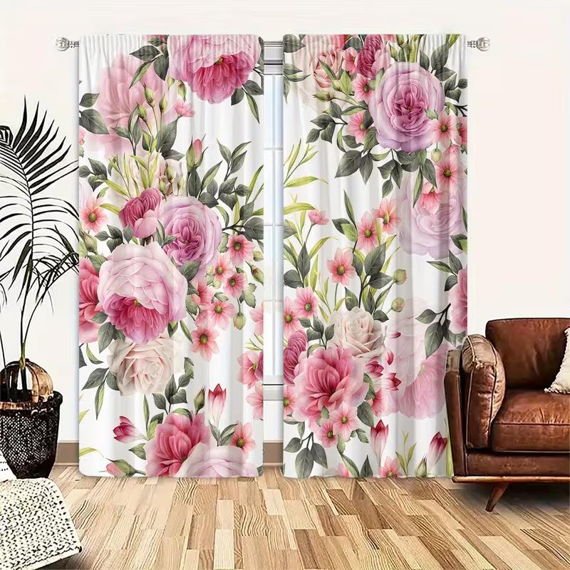 2PC Pink Rose Bouquet Sheer Curtains - Romantic Watercolor Floral Print Window Drapes for Bedroom Living Room Decor