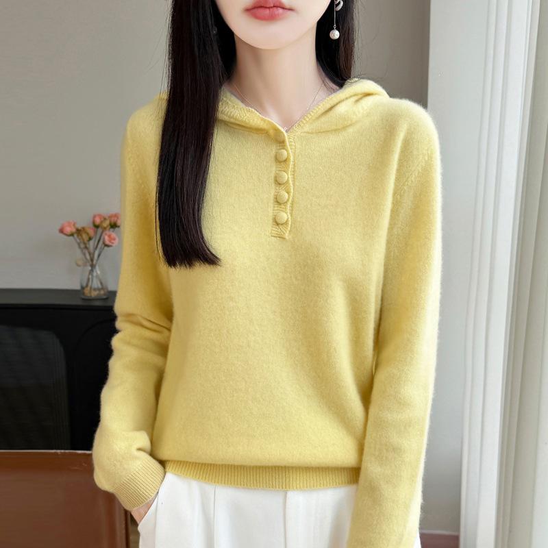 2026 A/W Women's Pure Wool Hooded Knitwear - Long Sleeve, Buckle Closure, Solid Color, Loose Fit Sweater