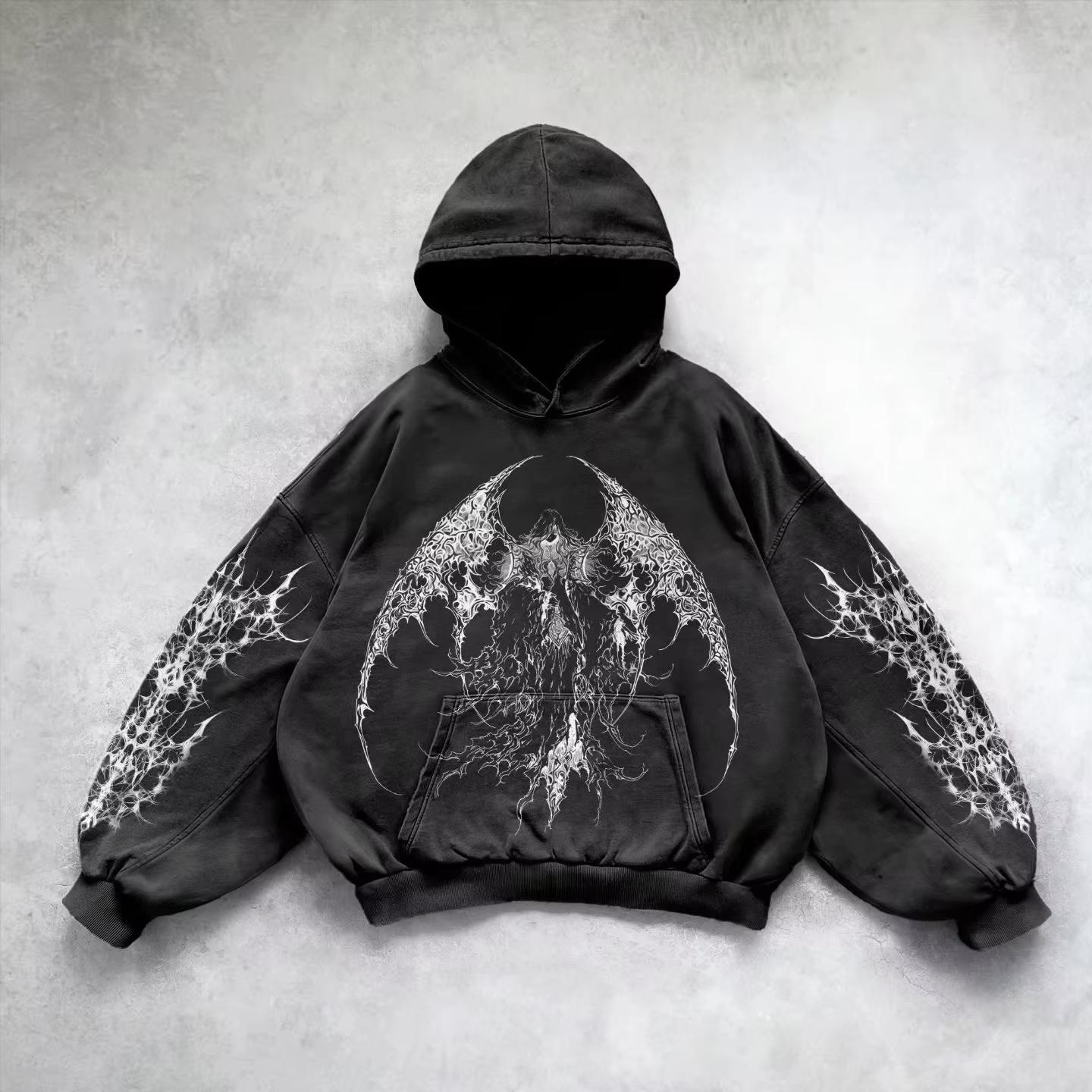 Retro Gothic Grafikdruck Hip Hop Hoodie für Herren Y2k Grunge Punk Lässiger Lockerer Pullover Damen Streetwear Sweatshirt Hoodies L
