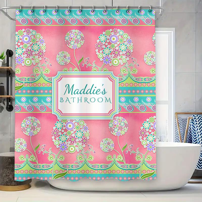 

Kids Bathroom Shower Curtain Custom Name, Pink Floral Design For Girls, Perfect Gift Idea W60H190(CM)-1 Pcs