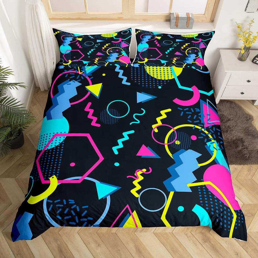 Blau Pink Memphis Bettwäscheset Bunte Abstrakte Bettbezug Hippie Hip Hop Deckenbezug Geometrisch Vintage Mode Steppdeckenbezug
