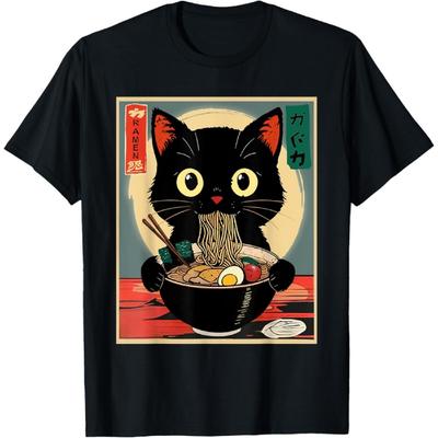 Kawaii Cat Anime Gifts Cat Ramen Graphic Tee Japanese T-Shirt(1)