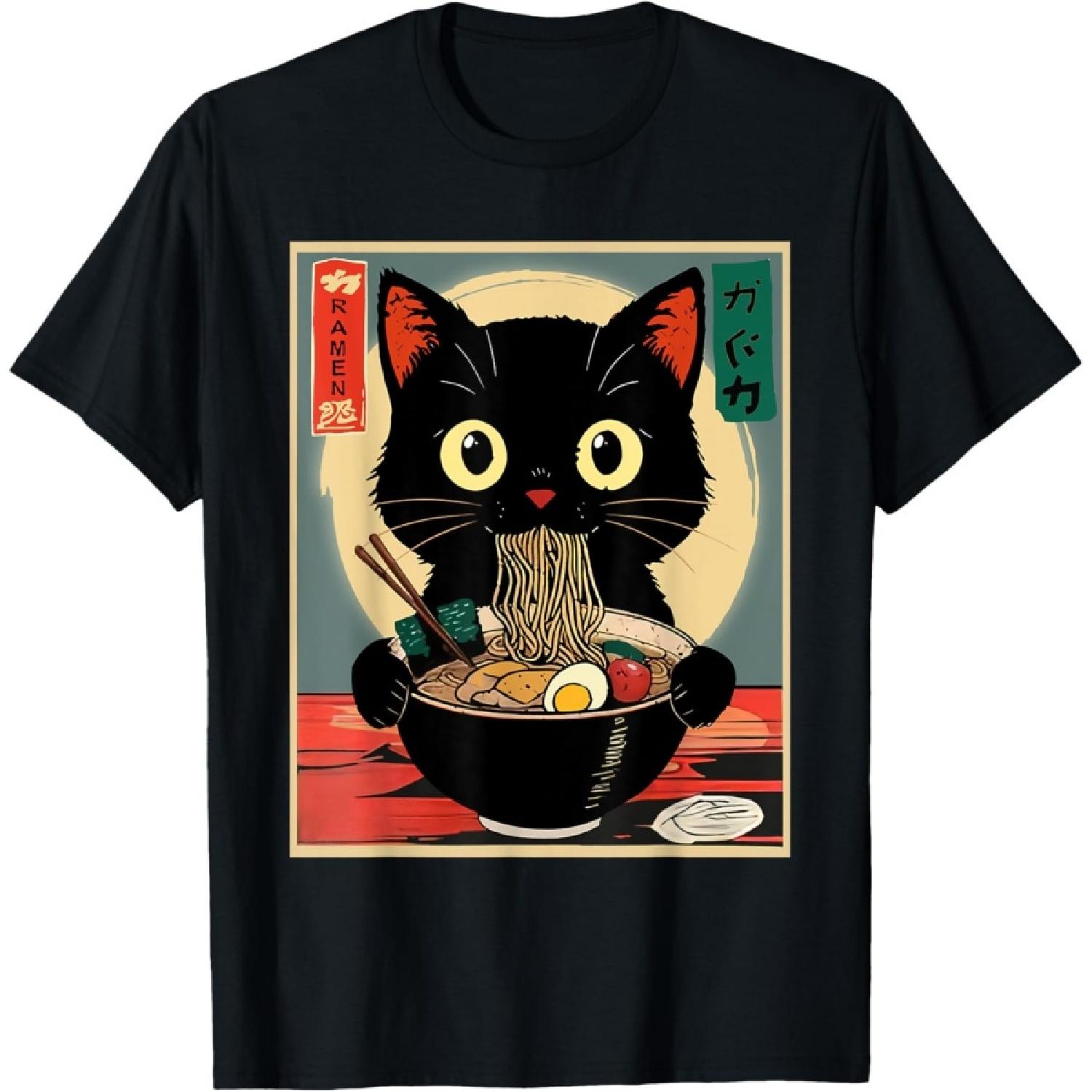 Kawaii Cat Anime Gifts Cat Ramen Graphic Tee Japanese T-Shirt(1) S