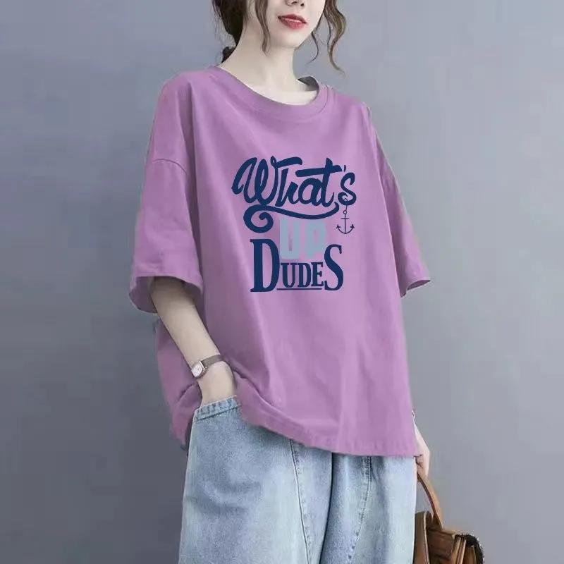 Summer Women's Tops Cotton Large Size T-shirt Polo Neck Loose Printed Casual Pullover T-shirt TopHarajuku Style Short Sleeved T-shirt