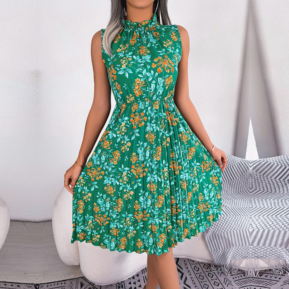 Frauen Frühling Sommer Temperament Holz Ohr Rand Blume Hohe Taille Falten Kleid Damen Mode Ärmellose Kleider
