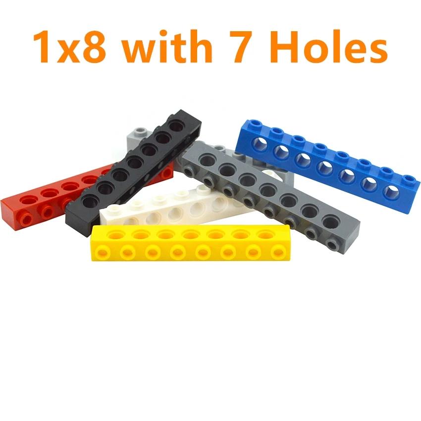 Building Blocks 1x8 with 7 holes Perforated Bricks Assembles Particles Long Beam 3702 Technical MOC Parts 10PCS Toys for Kids