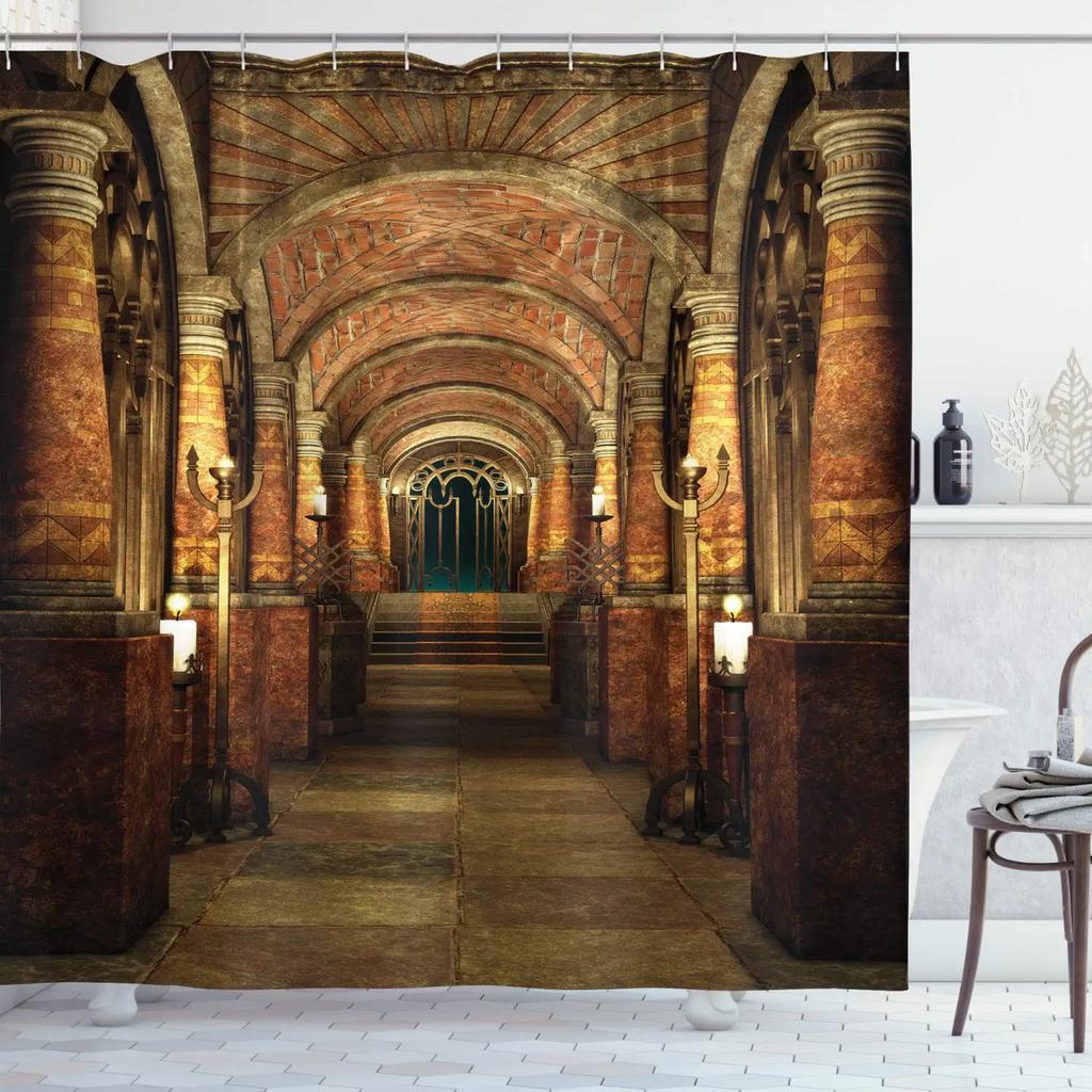 Tenda Doccia Gotica Sala Mistica Oscura con Colonne e Cupola Edificio Santuario Illustrazione Tessuto Stoffa Arredo Bagno con Ganci