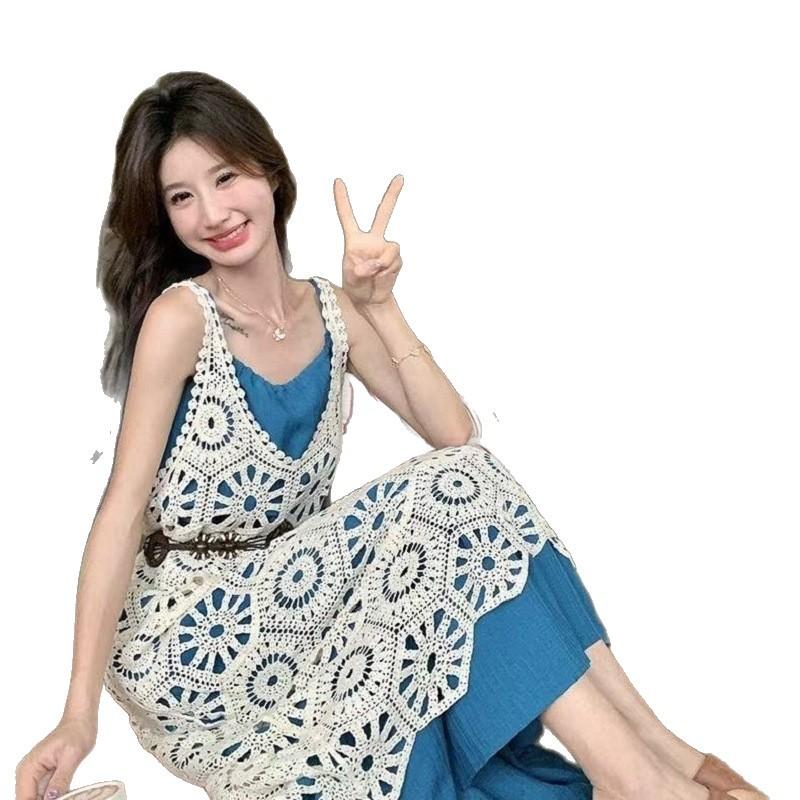 Floating Life Half Day Women's New Summer Vintage Hollow Lace Crochet Floral Spaghetti Strap Dress Set Cover-Up Vintage Sweet Style