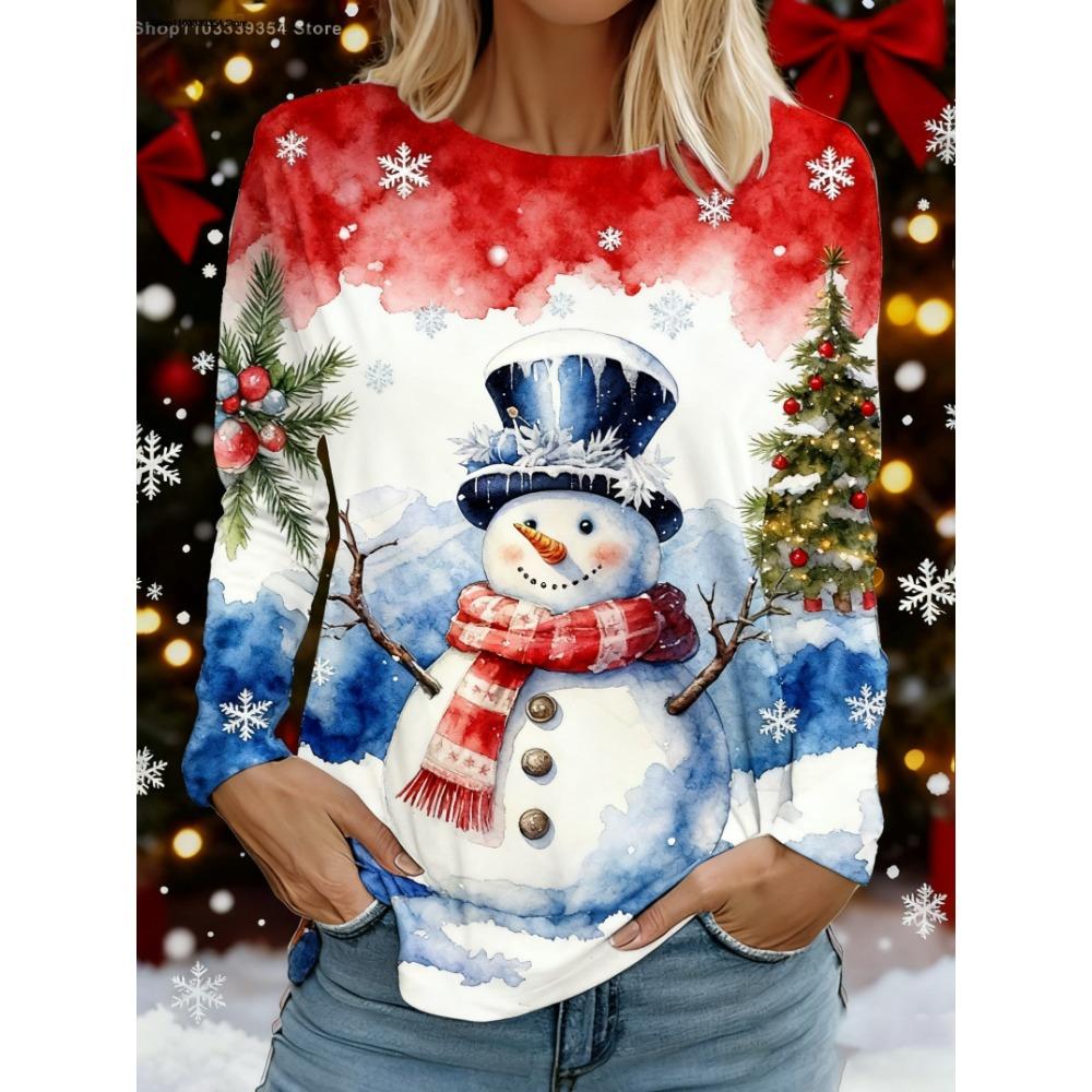Christmas Cute Snowman 3D Print Round Neck Long Sleeve Women's T-Shirt, New Comfortable and Fashionable Top